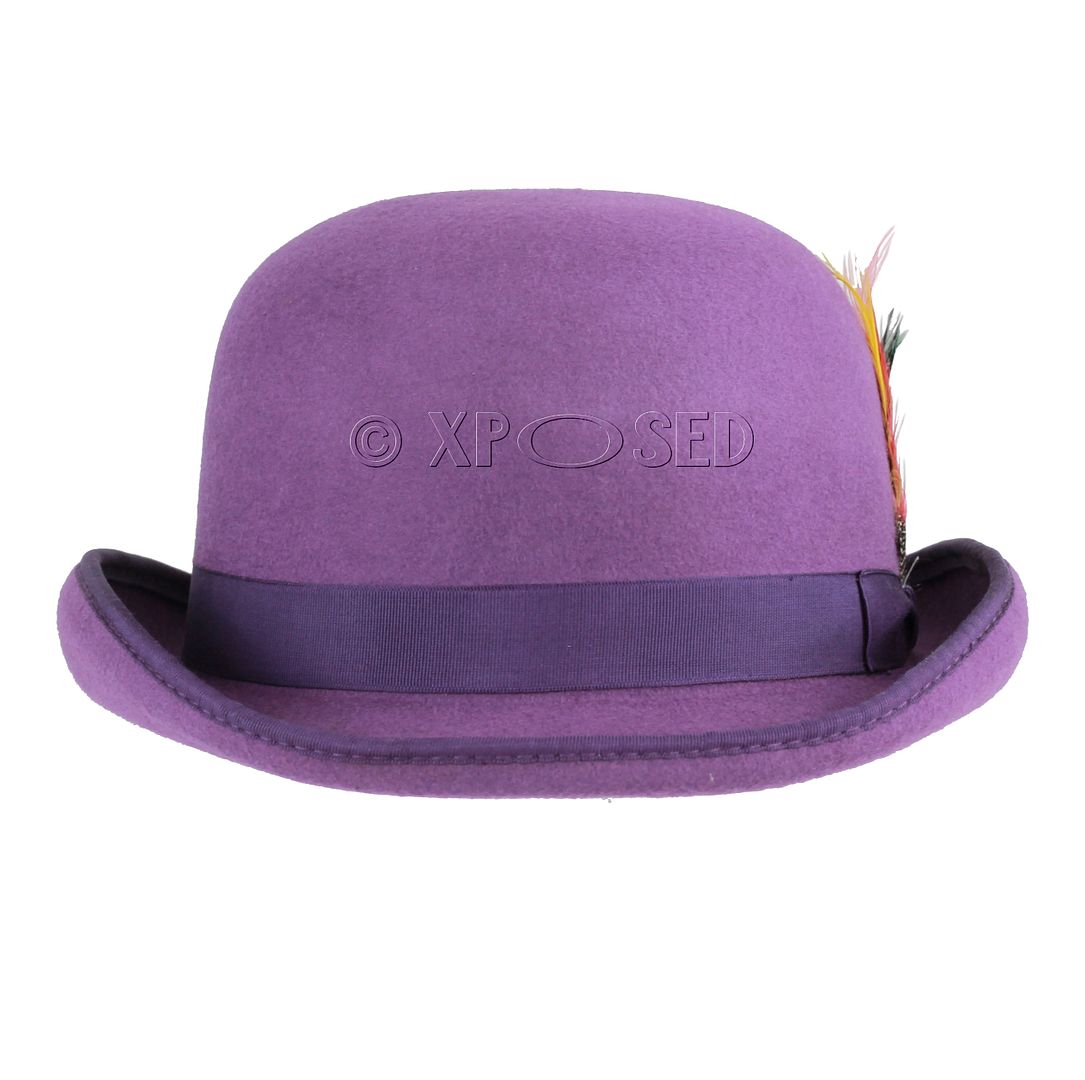 Unisex Vintage English Style 100 Wool Felt Feather Bowler Hat Red